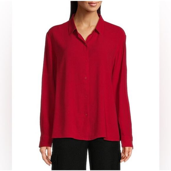 EILEEN FISHER Blouse XL Georgette Crepe Classic Collard Button Down Silk Career - Picture 1 of 12